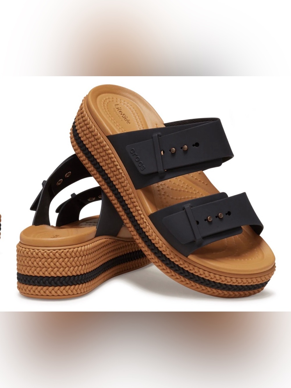NWOB Women’s Crocs LiteRide Brooklyn Black Buckle Tan Woven Platform Sandals 11